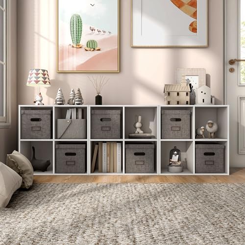 Homes: Inside + Out Apexa 4-Cube Storage Organizer Shelves, Stackable Wood Bookcase Fits Cubby Bins for Organization, Dorm Teen Room Decor & Home Office, Taupe Grey