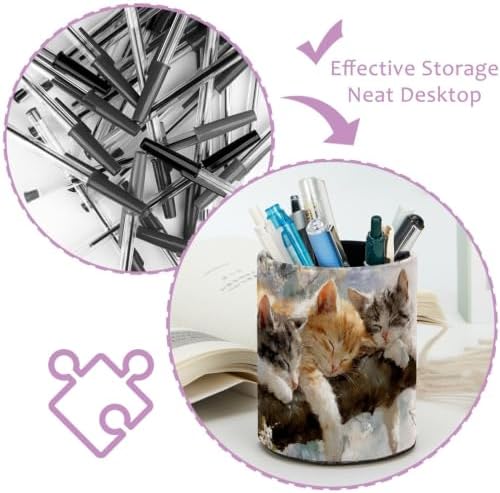 Leather Pen Holder for Desk, Sleeping Cat Pencil Cup Pen Organizer Makeup Brush Holder for Office Home Kids Countertop Desk Accessory Storage