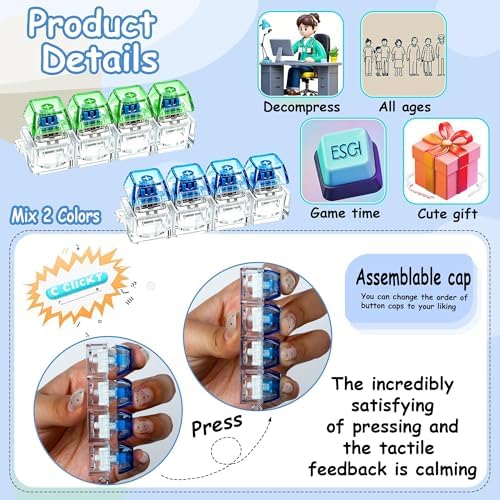 2 PCS Keyboard Fidget Toy, Keyboard Fidget Keychain 4-in-1 Keyboard Decompression Button Finger Clicker Toys, Button Stress Relief Fidget Gifts to Relief Stress (Blue Green)