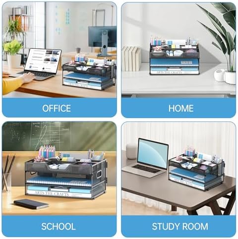 DALTACK 3 Tier Desk Organizer with Pen Holders and Paper Trays, Black