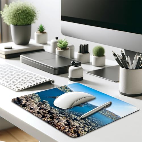 Green Sea Turtle in Clear Blue Water Mouse Pad, Coral Reef Marine Desk Mat