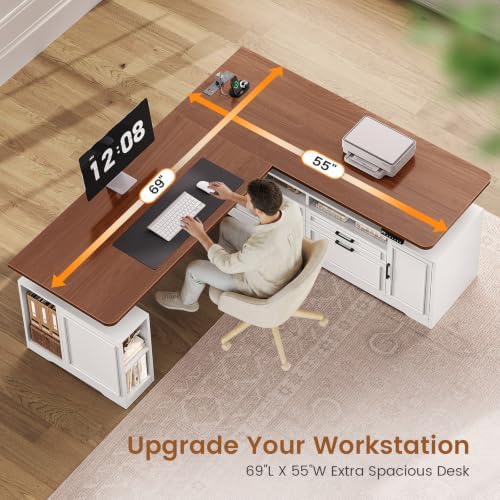 SEDETA Farmhouse L Shaped Executive Electric Standing Desk with 4 Drawers