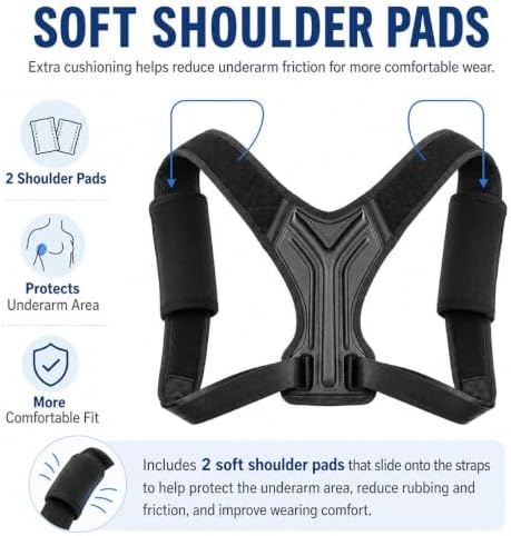 Posture Corrector for Women and Men, Adjustable Upper Back Brace with Shoulder Pads, Back Straightener for Rounded Shoulders & Daily Posture Support (Medium)