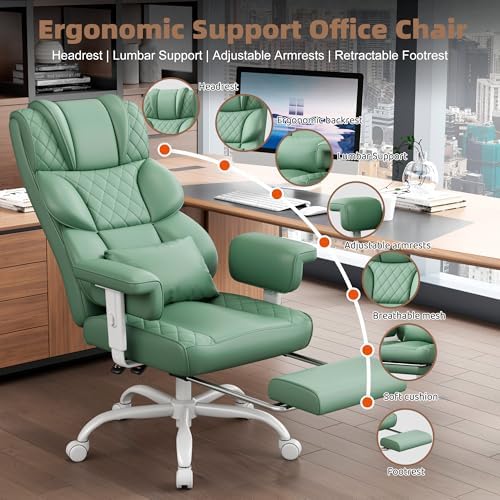 Vonesse Office Chair, Desk Chair with Soft Adjustable Armrests, Ergonomic High Back Gaming Chair with Lumbar Support, Executive Computer Chairs with Footrest (PU Leather, Green)