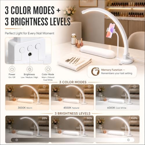 Half Moon Light for Nail Desk with Hand Rest, 2520LM, Memory Function