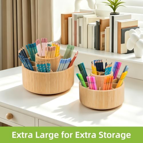 Utoplike Large Bamboo Rotating Pencil Holder, 360° Colored Pen Organizer