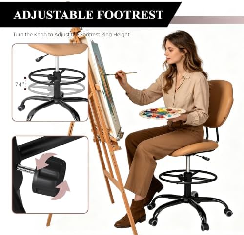 Drafting Chair with Back Support, Tall Desk Rolling Stool (Khaki, Set of 6)