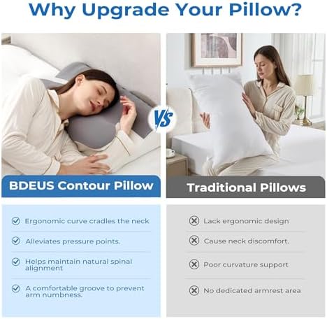 BDEUS Ergonomic Cervical Pillow for Side Sleepers, 2-in-1 Contour Orthopedic Memory Foam Pillow for Neck Shoulder Pain Relief, Sleep Apnea, Anti Snore, Pillow with Arm Rest, Head Cradle, Grey