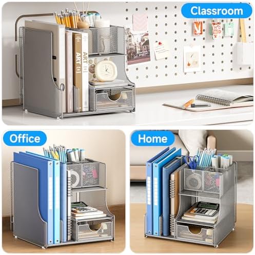 Lavatino Desk Organizer – 4-in-1 Silver Mesh Office Supplies Organizer with Pen Holder, File Holder, Desktop Tray, and Drawer for Home, Office, Classroom