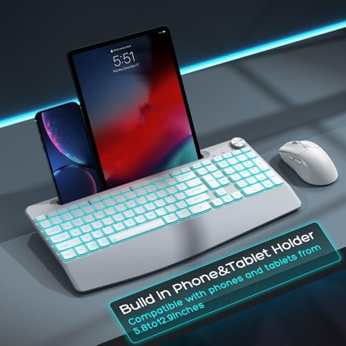 GAMCATZ Wireless Keyboard and Mouse Backlits - Full-Sized Ergonomic Lighted Keyboard with Wrist Rest, Phone Holder,2.4GHz Rechargeable Silent Keyboard Mouse Combo for Computer, Laptop, PC, Mac -White