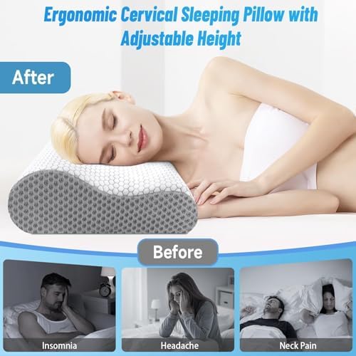 Neck Pillow for Sleeping, Ergonomic Cervical Bed Pillow, Grey King Size