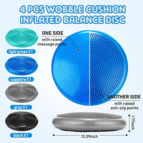 Sotiff 4 Pcs Inflated Wobble Cushion Wiggle Seat for Sensory Kids Flexible Seat for Classroom Wobble Disc with Inflation Pump Stability Balance Board for Adult Physical Therapy Exercise