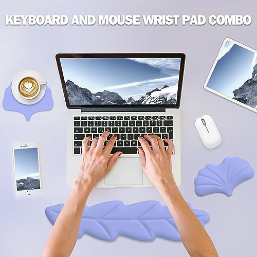 Keyboard Wrist Rest Pad Set, Leaf Shape PU Leather Memory Foam Cushion Support, Mouse Rest Pad, Non-Slip Support for Easy Typing Pain Relief, Purple Leaf