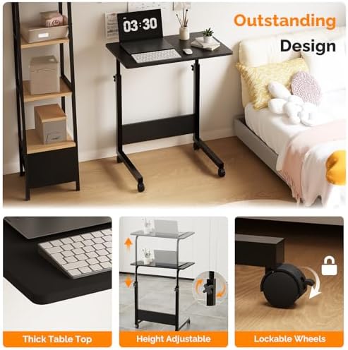 FCH Portable Computer Workstation, Standing Desk Adjustable Height, Small Computer Desk w/Rolling, Sit Stand Laptop Desk TV Tray for Bed Sofa Hospital Reading Eating, Black, 23.6"
