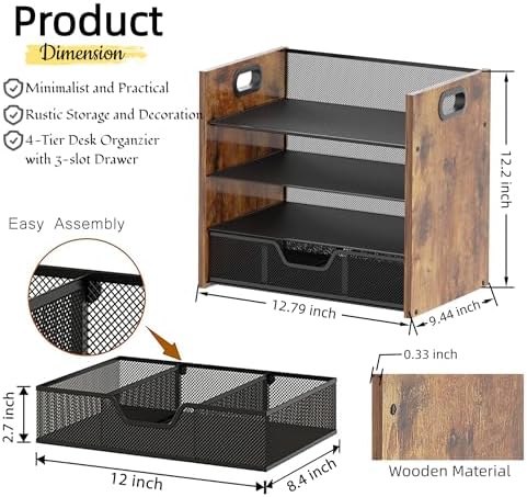 Desk Organizer - 4 Tier Desktop File Organizer with Drawer, Wooden Paper Tray Organizer, Office Desk Accessories Organizer for Papers, Mail, Notebooks, Stationery