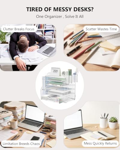 WALI Desk File Organizer, 6 Tier Desktop Paper Letter Tray Organizer with Drawer and 2 Pen Holders, Office Desk Accessories & Workspace Organizers for Office, Home Supplies(DO007DH-W), 1 Pack, White