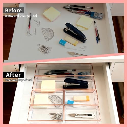 6 Pack Large Size Clear Stackable Drawer Organizer Trays, Rose Gold Rim Makeup Drawer Storage Tray Divider, Desk Storage for Makeup, Jewelry, Bathroom, Stationary, Kitchen Utensils and Office Desk