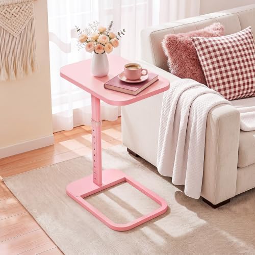 Kitstorack TV Tray Table, Adjustable Height & Rounded Metal Corners, Snack Table for Couch, Sofa, Bed, Chair, Living Room, C Shaped End Side Table for Eating, Dinner or Laptop, Small Spaces, Pink