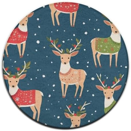 Large Home Decor Mat, Soft Round Yoga Carpet, Non Slip Machine Washable Kitchen Office Circle Rug Christmas Dogs in Sweater