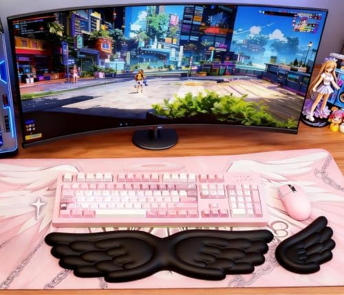 inbesk Angel Wing Wrist Rest Ergonomic Memory Foam Wrist Rest for Computer Keyboard Mouse Set, Cute Gaming Keyboard Cushion Hand Support PU Leather Surface Anti-Slip Waterproof Dirt Resistant (Black)