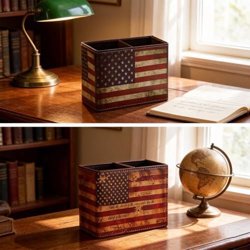 American Flag Desk Organizer, PU Leather Retro Vintage Cool Supplies, Patriotic Decor Pen Pencil Holder Office Home Accessories (USA Flag)