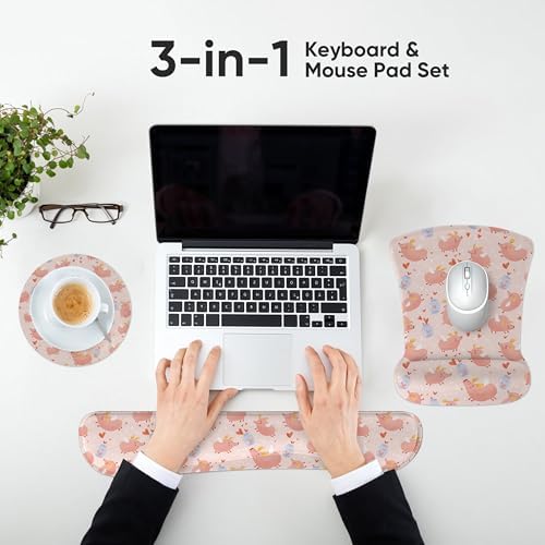 Ergonomic Memory Foam Keyboard Mouse Pad Set with Wrist Rest Support,Non-Slip Hand Wrist Cushion for Laptop/Notebook/Desktop/Computer/Gaming/Office,Easy Typing& Pain Relief (Pink Pig)