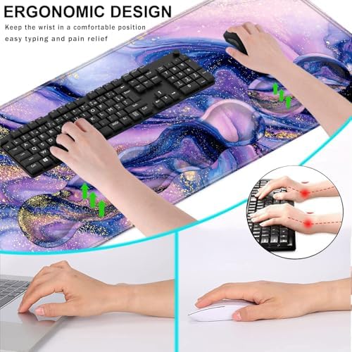 Keyboard Wrist Rest and Mouse Pad with Wrist Support Set Ergonomic Coaster,Memory Foam,Easy Typing Pain Relief,Large XL Desk Mat 31.5"x 11.8",Purple Marble