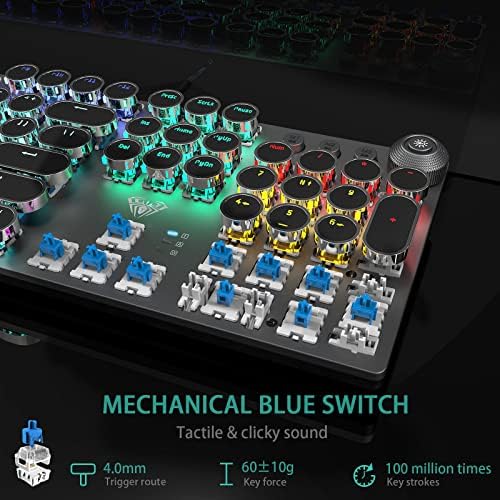 AULA F2088 Typewriter Style Mechanical Gaming Keyboard Wired,Blue Switches,Rainbow LED Backlit,Removable Wrist Rest,Media Control Knob,Retro Punk Round Keycaps,USB Wired Computer Keyboard
