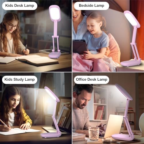 Akejrym LED Desk Lamp for Office Home & Battery Operated Lamp Rechargeable Lamp Foldable & Portable Light, [2-Fold Bracket] 3 Brightness Dimmable Small Desk Lamp Wireless Reading Lamp (Pink)