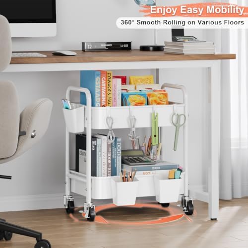 2 Tier Small Rolling Cart Metal with Wheels, White Under Desk Storage Carts