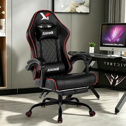 Gaming Chair with Pocket Spring Cushion, Ergonomic High Back Computer Chair with Footrest and Lumbar Support, Adjustable Height 360° Swivel Recliner, Red