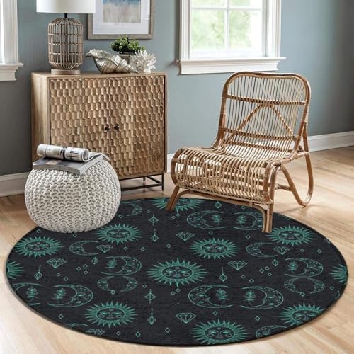 Large Machine Washable Circular Rugs, Home Decor Round Mat for Living Room Sofa Office Trippy Sun Moon Star, 24inch