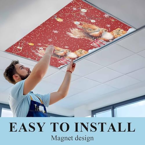 1 Pcs Fluorescent Light Covers for Ceiling Lights,Cute Squirrel Christmas Snowflake on Red,Magnetic Light Filters Drop Fluorescent Lights Shade for Office Xmas Bell on Branch