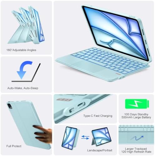 3 in 1 Keyboard Case for iPad Air 11 inch (M4/M3/M2, 2026/2025/2024), Air 5/4th 10.9" & Pro 11" 4/3/2/1st, Detachable Backlit Keyboard with Kickstand, Trackpad, Sleek for A16 11/10th Gen (Ice Blue)