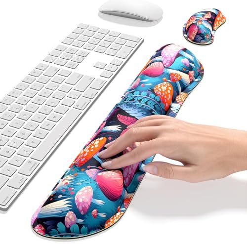 Dapesuom Enlarge Keyboard Wrist Rest, Memory Foam Wrist Cushion for Desk Mats Support, Boho Typing Pain Relief Keyboard Mouse Pad Rests Set with Non-Slip Base for Gaming Laptop Computer, Mushrooms