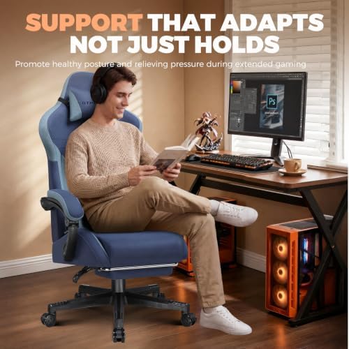 GTPLAYER Gaming Chair with Footrest, Ergonomic Office Chair 400lbs Heavy Duty, Big and Tall Computer Desk Chair with Lumbar Support and Headrest, Breathable Tech Fabric, 90-155° Recline Blue