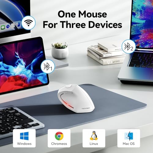 TECKNET Ergonomic Mouse, 4800 DPI Wireless Bluetooth Vertical, 3-Device