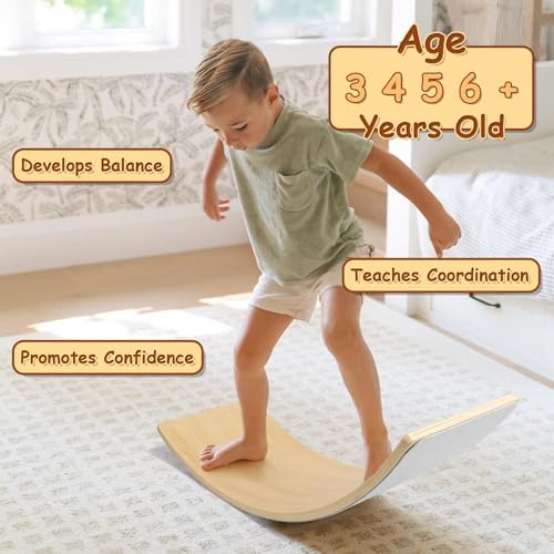 Gentle Monster Wooden Wobble Balance Board, 35 Inch Rocker Board Natural Wood, Open Ended Learning Toy, Yoga Curvy Board for Classroom & Office Adult