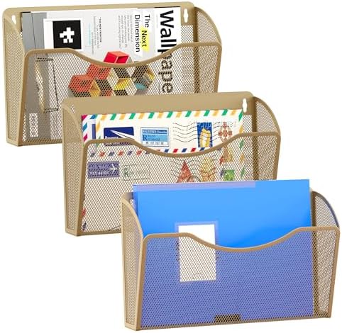 EasyPAG Wall File Organizer 3 Pack, Hanging File Organizer Wall Mount, Metal Mesh Folder Holder for Letter/A4 Papers, Mail Sorter for Office, Classroom, Home, Gold