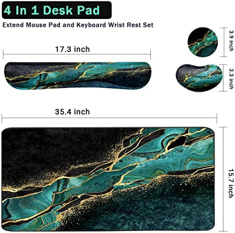 Keyboard Mouse Pad Set, Extended Mouse Pad+Keyboard Wrist Rest Support, Memory Foam Ergonomic Easy Typing, 3Pcs (35.4×15.7 in) Desk Pad Set for Home Office Study Game - Malachite Marble