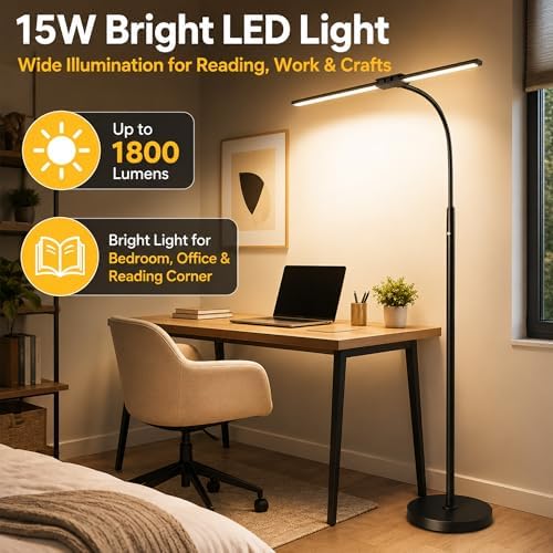 Cordless Floor Lamp Rechargeable, 15W Bright LED Floor Lamp with 8000mAh Battery, Dual Head Gooseneck Standing Lamp, 3 Color Temperatures, Stepless Dimming Battery Floor Lamp for Bedroom Office