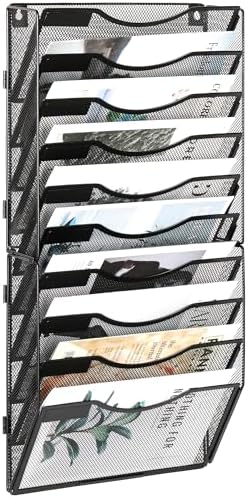 EasyPAG Wall File Organizer for Office 10 Pocket Mesh Wall Mounted Paper Organizer Hanging Folder Holder with Nametag Label for Home School, Black