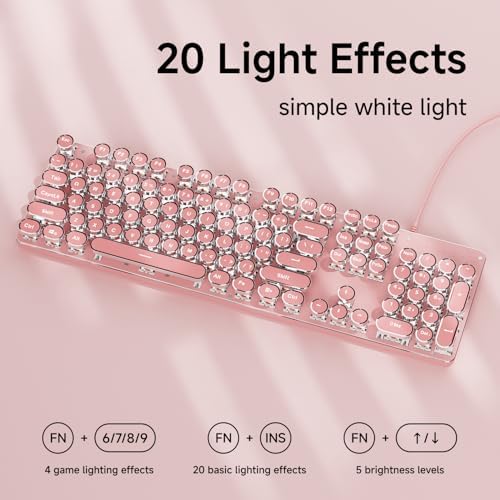 Wired Typewriter Style Mechanical Keyboard with White Backlit, Cute-Pink