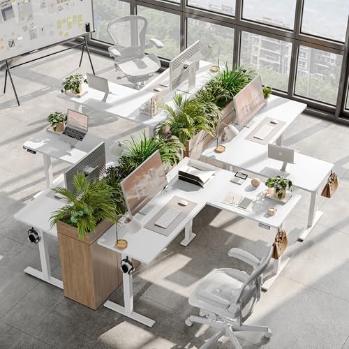 TIQLAB L Shaped Standing Desk Adjustable Height, Electric Corner Standing Desk, 63 x 55 inch Sit Stand Computer Table with Splice Board, White