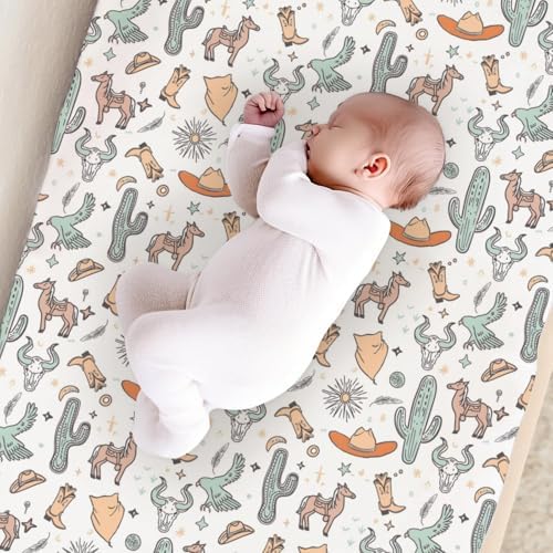 Western Cactus Horse Cow Skull Native Sun Moon Stars American Pattern Baby Changing Pad Cover, Unisex Western Nursery Diaper Changing Table Pad Mat Sheet for Boys Girls-16x32