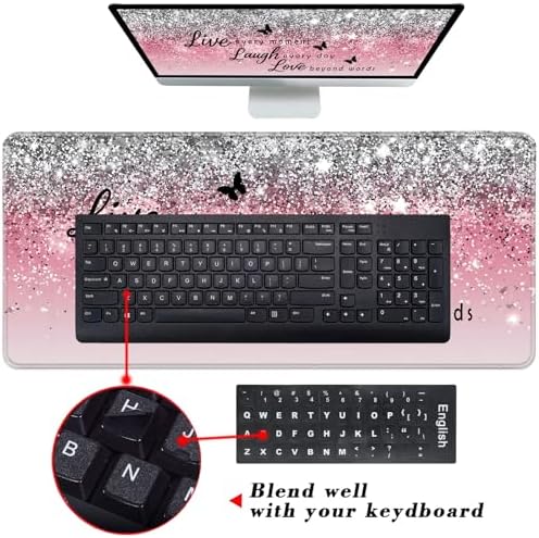 Keyboard Wrist Rest and Mouse Pad with Wrist Support Set Ergonomic Coaster,Memory Foam,Easy Typing Pain Relief,Large XL Desk Mat 31.5"x 11.8",Pink Glitter Quote Live Love Laugh
