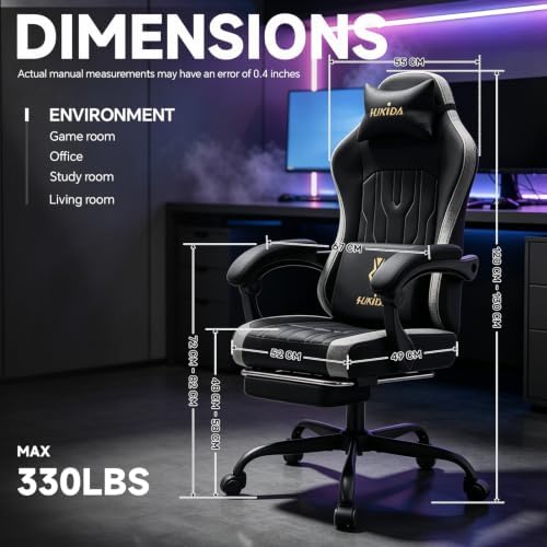SUKIDA Computer Gaming Chair - Fabric Video Game Chairs with Footrest and Lumbar Support Swivel Comfy Linkage Armrests Gamer Chairs Home Desk Chair for Adults, Black&Grey