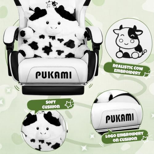 Cute Gaming Chair with Cow Paw Lumbar Cushion, Ergonomic Gaming Computer Desk Chair with Footrest and Linked Armrests, Comfortable Cute Cow PU Leather Game Chair for Teen and Adults
