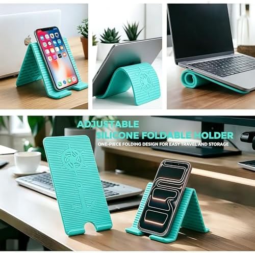 Flexible Silicone Aluminum Phone Holder Tablet Stand with Charging Port Design, Foldable Airplane Laptop/Phone Stand for Home Office Travel (Tiffany)