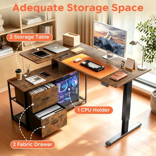 55″ Electric Standing Desk with Drawers, L-Shaped Vintage Brown Adjustable Height Corner Gaming Computer Desk for Home Office, Memory Preset, Stable Steel Frame, Power Outlet & USB-C Port